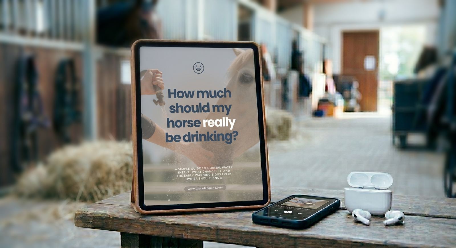The Cascada hydration guide on a tablet, with the audio version on a phone